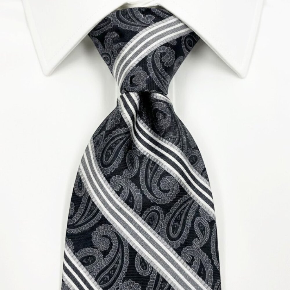 Pronto Uomo Silk Tie Black Grey Silver Paisley Striped Hand Made Textured